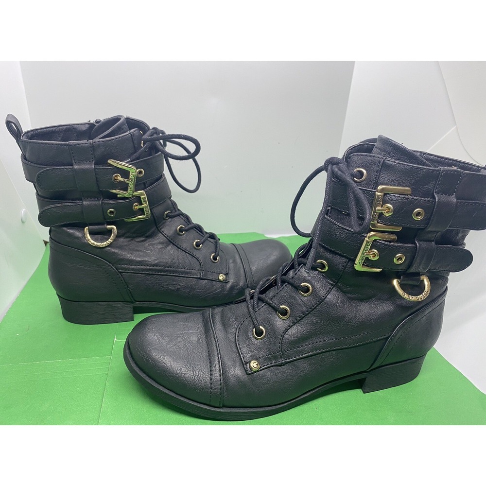 GUESS Women Black Leather Combat Booties Gold Buckle Zip Size 7 Narrow
